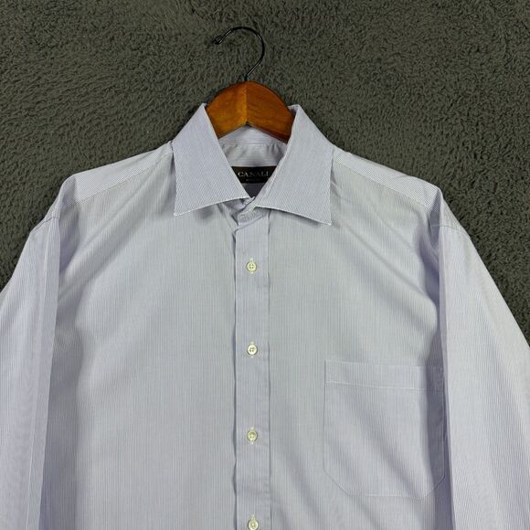 Canali Shirt Mens 16.5 Purple Striped Dress Shirt Spread Collar Made in Italy - Picture 2 of 13